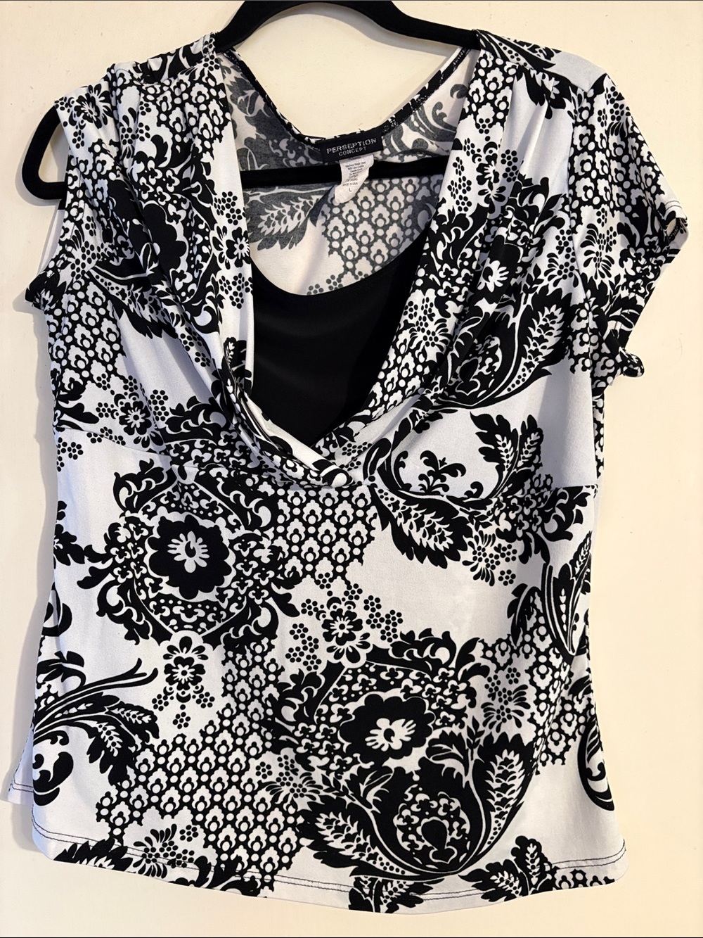 PerSeption Concept Black & White Floral Cowl Neck Blouse